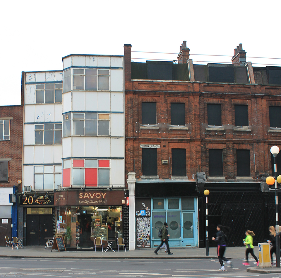 Existing view looking east from corner of Shoreditch High Street and Worship Street towards Savoy Cafe and 19-18 Norton Folgate